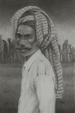 Rajasthani Man with Camels Indian Art Charcoal Art