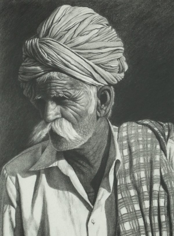 Rajasthani Man with Checked Shawl Indian Art Charcoal Art