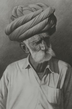 Rajasthani Man with Large Turban Indian Art Charcoal Art