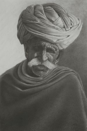 Rajasthani Man with Lined Face Indian Art Charcoal Art