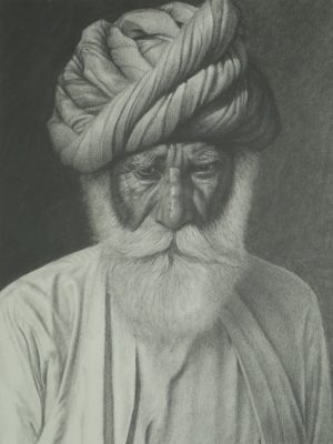 Rajasthani Man with White Beard Indian Art Charcoal Art