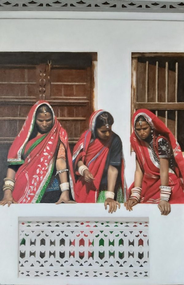 Three Rajasthani Woman Looking Down Indian Art Oil Painting