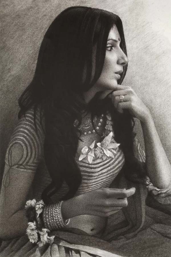 Charcoal Bhavna On Her Wedding Day - Mark Clark's Art By Medium 2