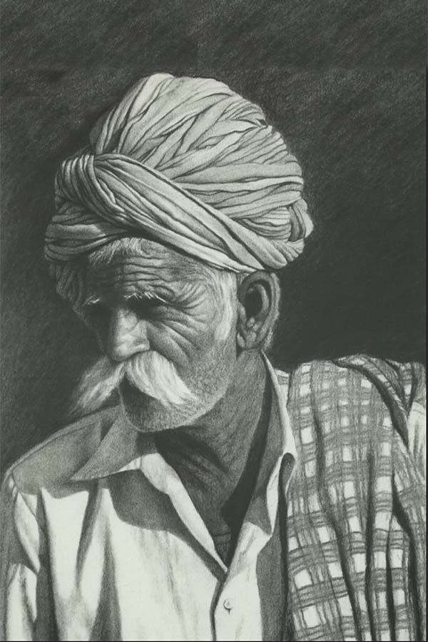 Charcoal Rajasthani Man With Checked Shawl - Mark Clark's Art By Medium 2