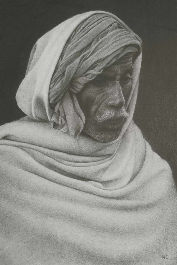 Charcoal Rajasthani Man With Shawl II - Mark Clark's Art By Medium 2