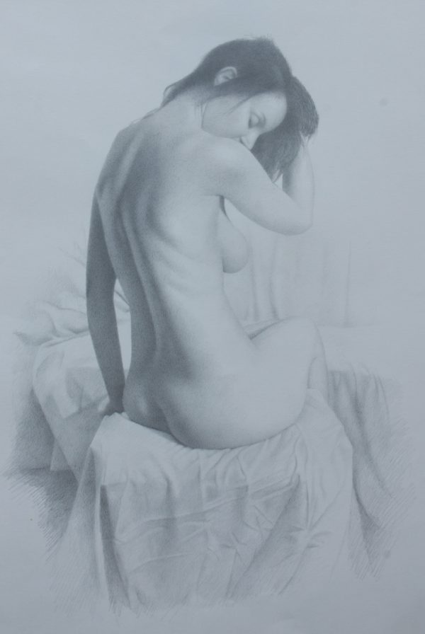 Amanda seated with arm raised. Pencil on paper