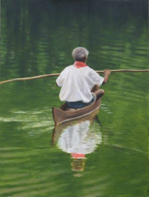 Canoeing on the Backwaters, Kerala. Oil on Board