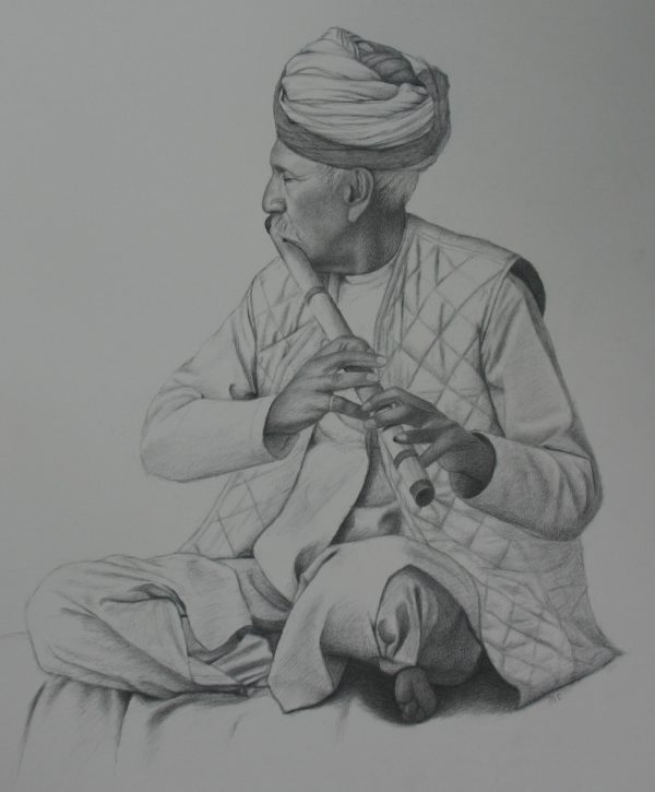 Flute player, Amber Fort. Charcoal on paper