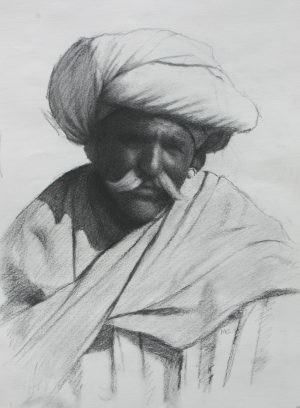 Gujarati Man With Turban, Bhuj. Charcoal on paper.