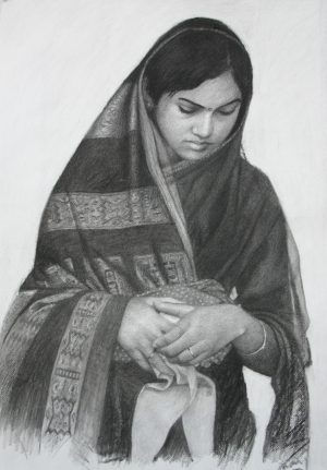 Gujarati woman, Palitana. Charcoal on paper