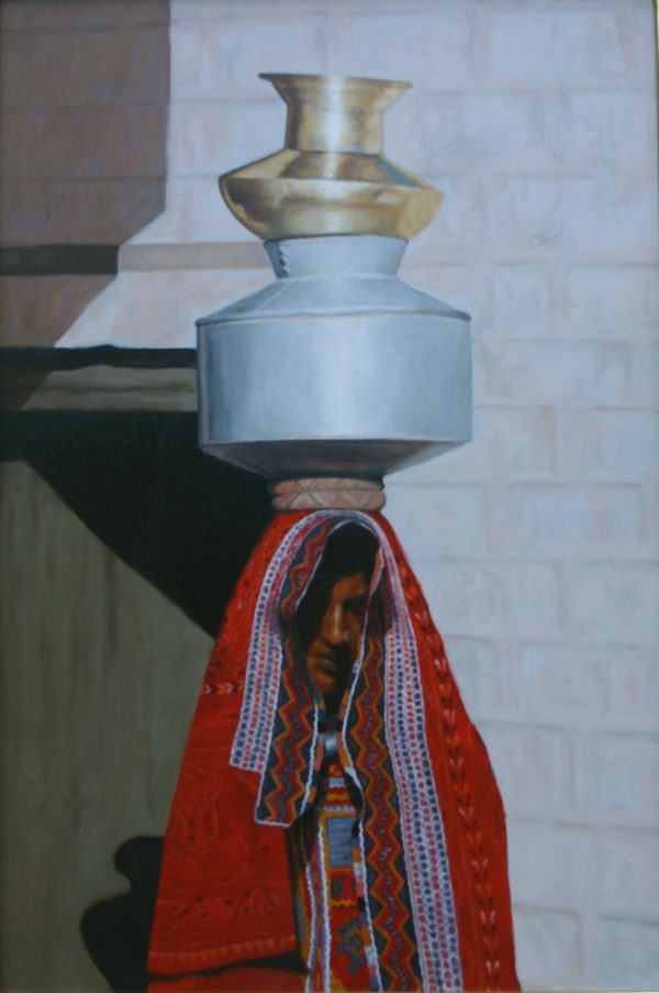 Gujarati woman with pots, oil on copper