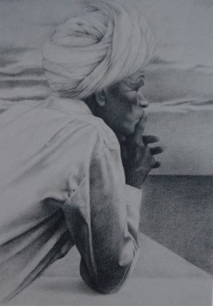 Indian man gazing. Charcoal on paper