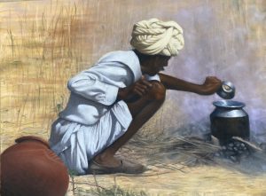 Rajasthani Man Making Tea - Pastel on Paper