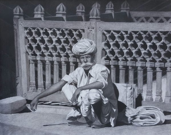 Rajasthani Man Crouching, Jodhpur - Charcoal on Paper