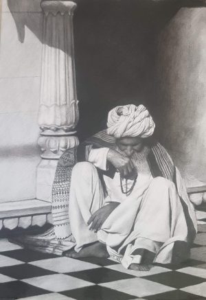 Rajasthani Man in Haveli - Charcoal on Paper