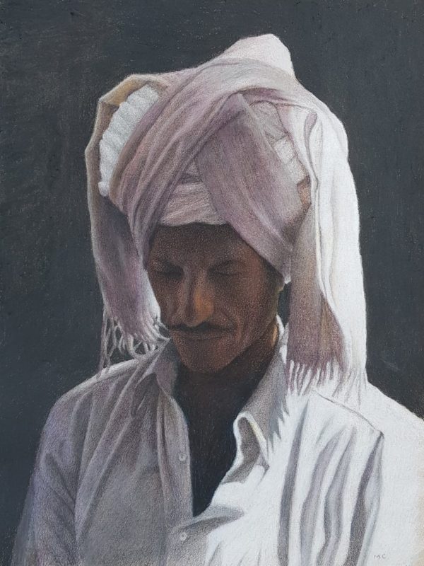 Rajasthani Man in White - Pastel on Paper