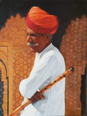 Rajasthani Man with Flute, Amber Fort - Oil on Board