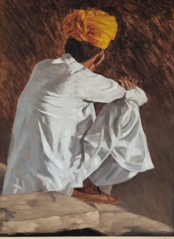 Rajasthani Man with Orange Turban - Oil on Copper