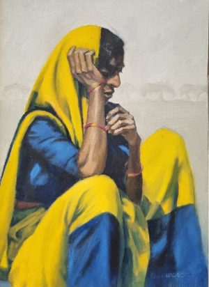 Rajasthani Woman with Yellow and Blue Sari