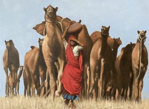 Rajasthani Woman with Camels - Oil on Board