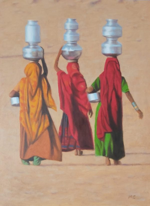 Three Rajasthani Women, Nine Pots - Oil on Board